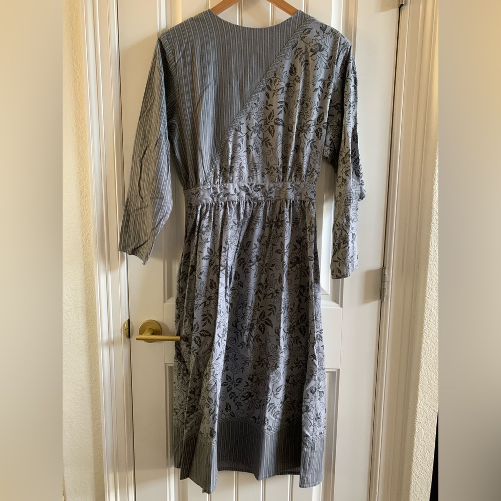 Gunne Sax Vintage 80s Gray Floral Leaf Swirl Back Button Midi Dress | Size 12